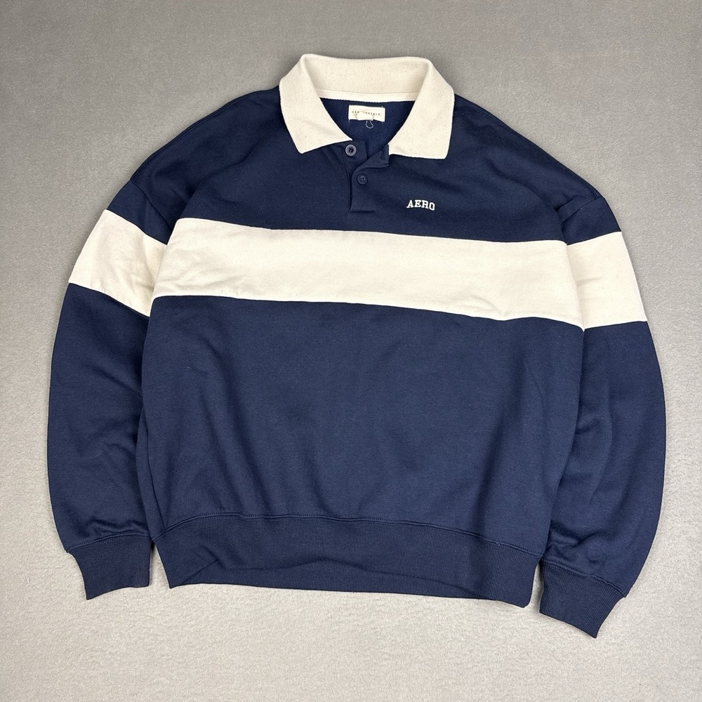 Aeropostale Mens M Long Sleeve Polo Sweater Rugby Boxy Pullover Navy White